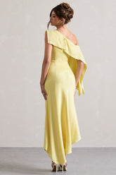 Lemon Satin Asymmetric Draped Split Maxi Dress